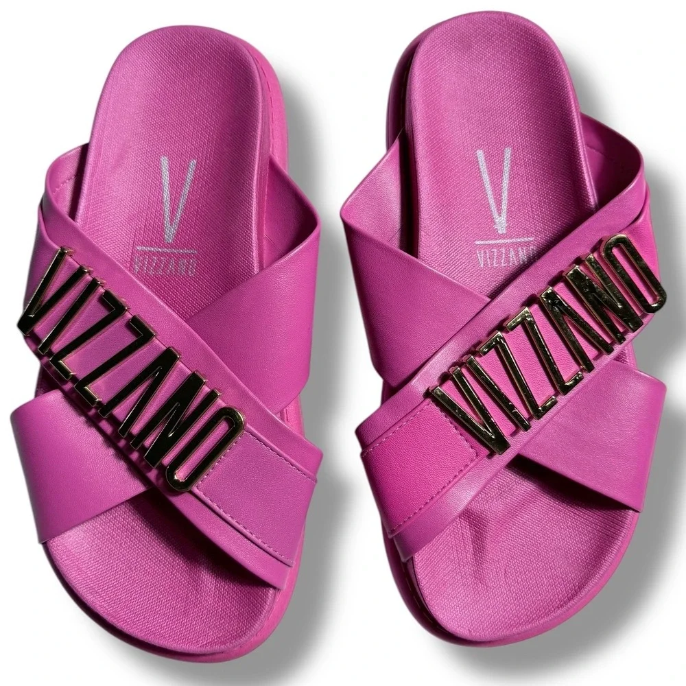 NEW Vizzano Women's Pink Platform Slides Gold Logo Cross Strap Sandals Size 5 35